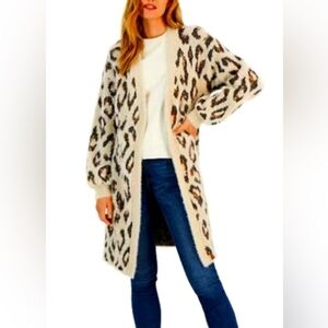INC International Concepts Cheetah Long Sleeve Fuzzy Open Front Cardigan Sweater